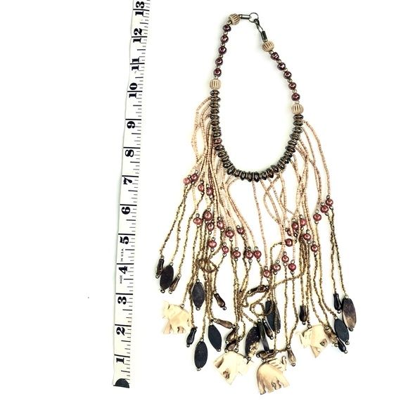 Fringed Choker with Hand-carved Bone Elephants - Vintage Boho Statement Necklace - Picture 9 of 10